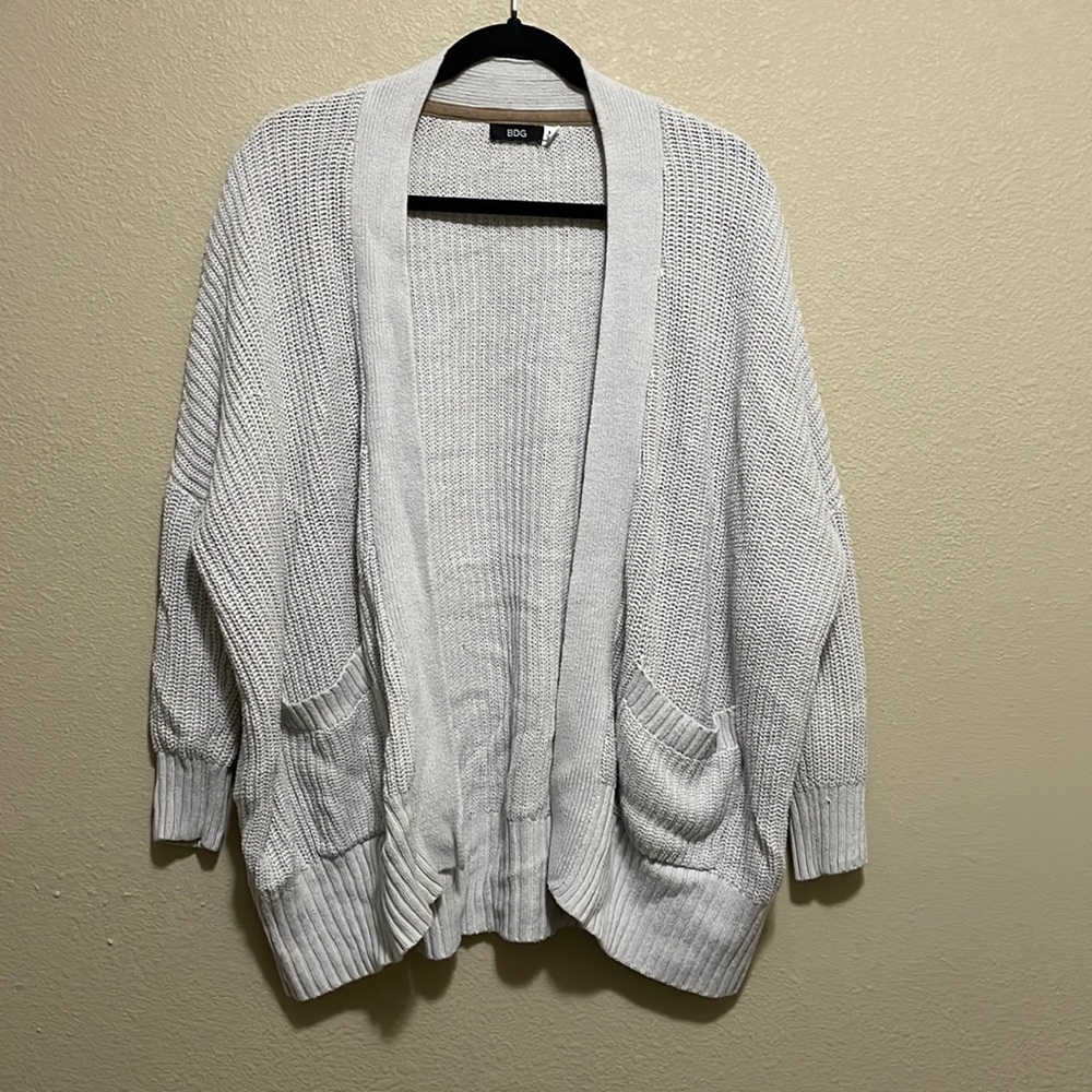 BDG Womens Cardigan Sweater Gray Long Sleeve Open Front Waffle Knit Pockets S